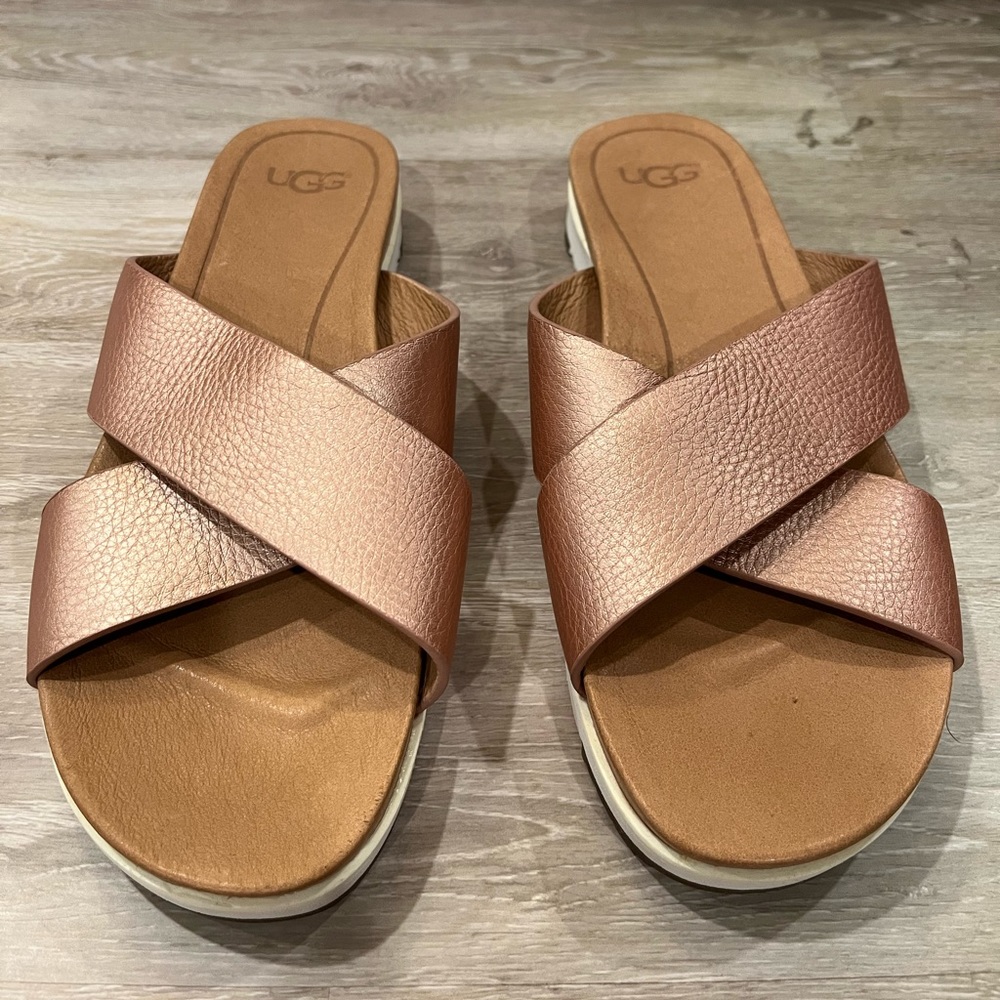 UGG Kari Rose Gold Cross Band Slide Sandals Women’s Size 8 Leather